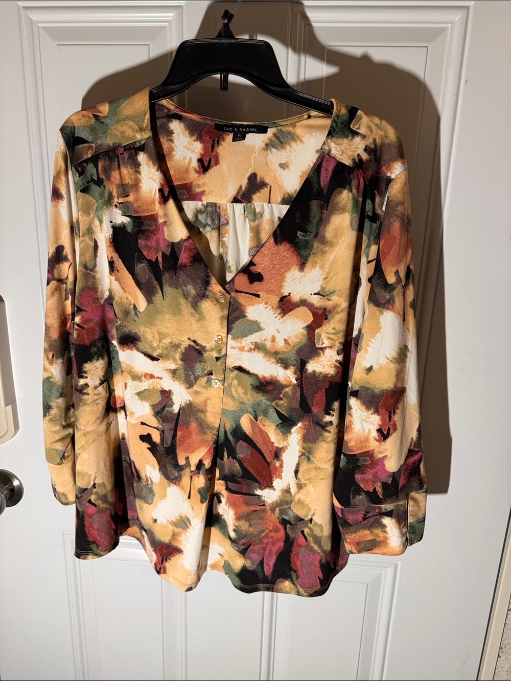 Zac & Rachel Abstract Floral V-Neck Blouse in Mustard, Olive & Burgundy